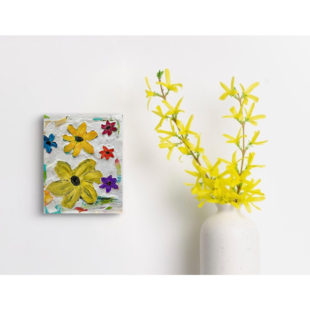 Whimsical Torn Paper Floral Collage - Handmade Mixed Media Flower